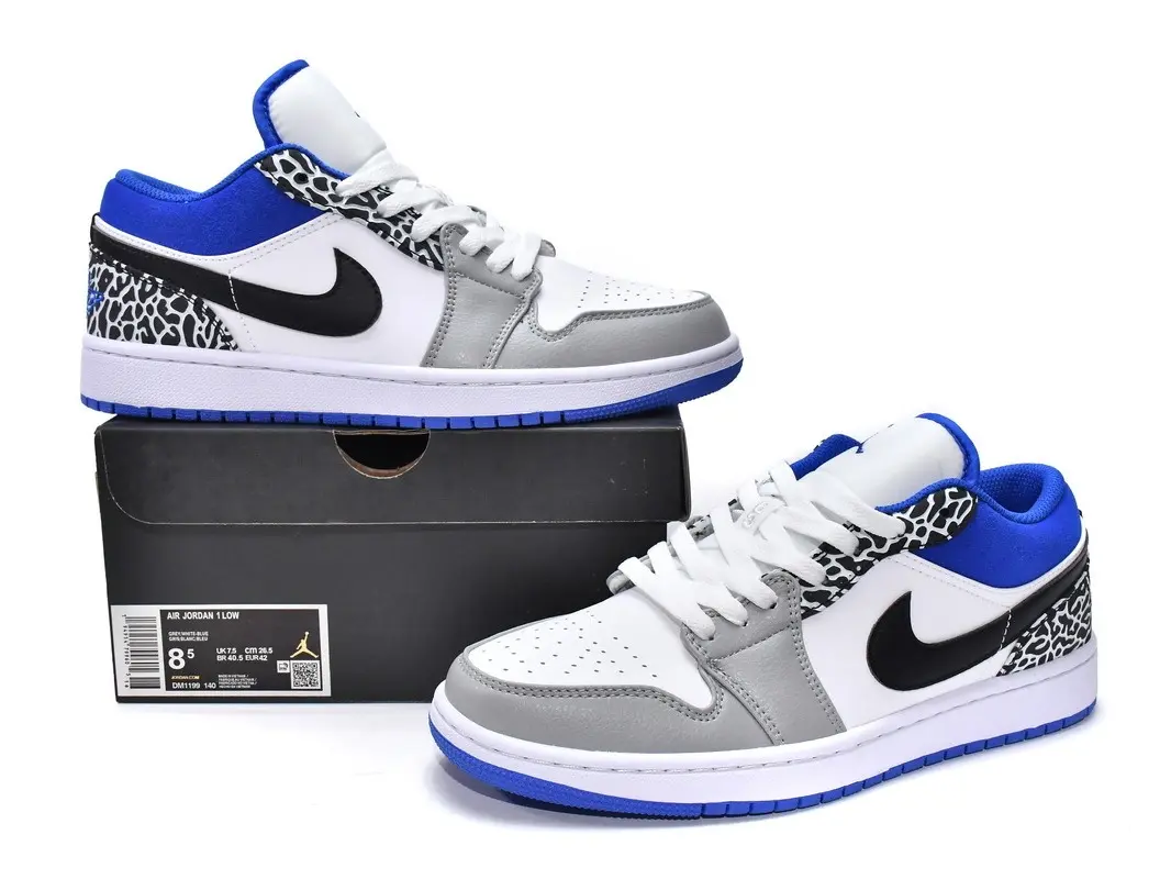 White Grey Blue Low Top Sneakers, Leopard Print Detail, Bright Blue Outsole, Unisex Retro Street Skate Shoes, Comfort Daily Casual Footwear