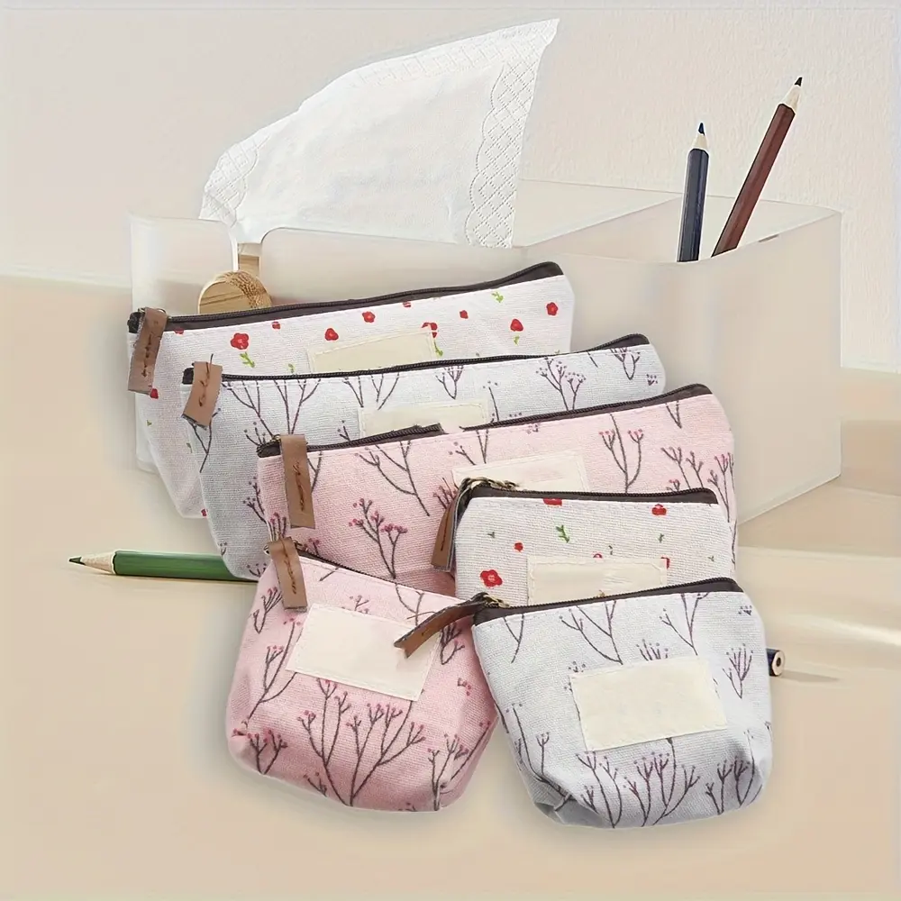 6pcs Pastoral Floral Cosmetic Bag, Multifunctional Canvas Zipper Bag, Multifunctional Pencil Case & Coin Organizer for Women, Girls, School, Office, Travel, Office Accessories, Pastel Colors, Sturdy Construction