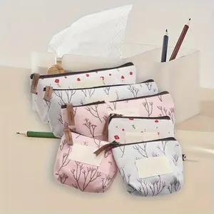 6pcs Pastoral Floral Cosmetic Bag, Multifunctional Canvas Zipper Bag, Multifunctional Pencil Case & Coin Organizer for Women, Girls, School, Office, Travel, Office Accessories, Pastel Colors, Sturdy Construction
