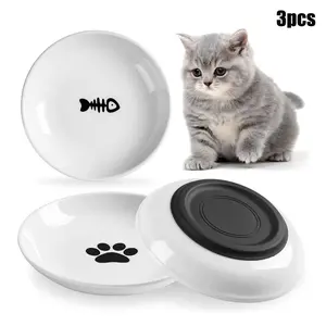 3-Piece Creative Ceramic Pet Bowl Set with Silicone Pad, Non-Slip Cat Food Dish, Fish Bone Design, Home Use, Cat Licking Tray