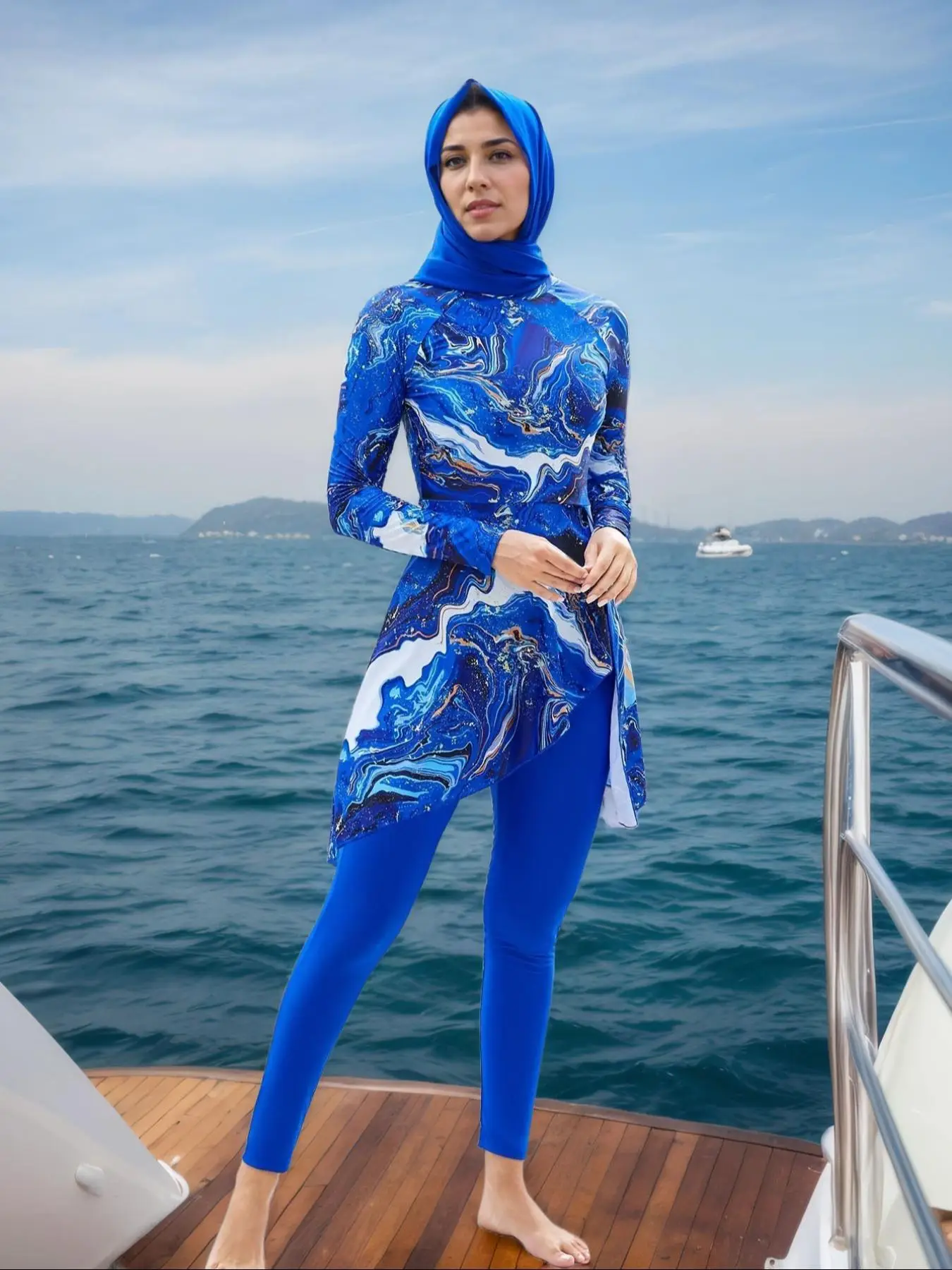Women's Marble Print Long Sleeve Swim Top & Hijab & Swim Pants Set, Modest Casual Swimsuit for Beach Holiday Vacation, Ladies Swimwear for All Season