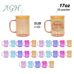 AGH 25pcs 17oz Jelly Transparent Glass Coffe Mug Glass Tumbler with Handle lid straw High-Heat Borosilicate Glassware for UV DTF Wraps Sublimation