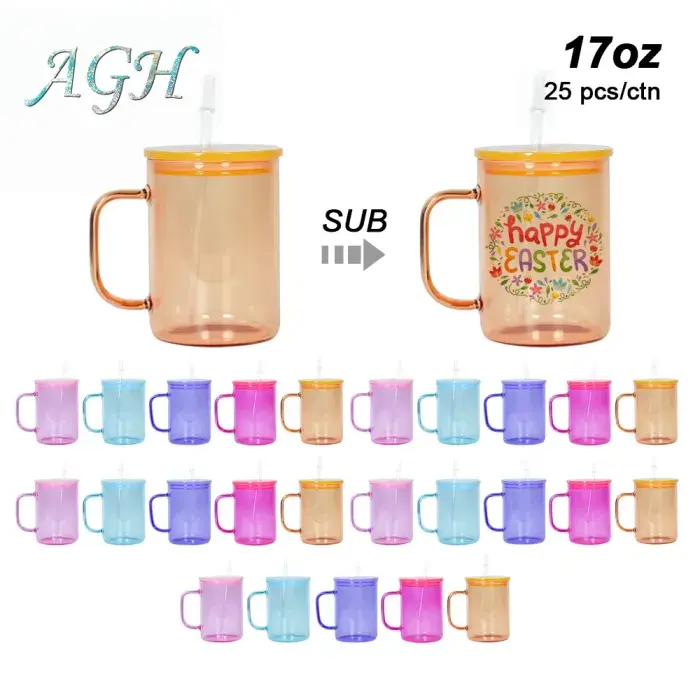 AGH 25pcs 17oz Jelly Transparent Glass Coffe Mug Glass Tumbler with Handle lid straw High-Heat Borosilicate Glassware for UV DTF Wraps Sublimation
