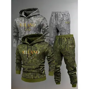 Men's Slim-Fit Hoodie Set - Circuit Board Pattern & MILANO Gold Letter Two-Piece