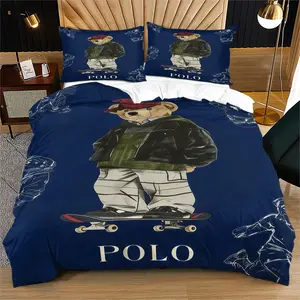 Bear Duvet Cover Set, 2/3-Piece (1 Duvet Cover + 1-2 Pillowcases,No Pillow Inserts or Comforter Included) Soft Microfiber Bedding, Classic Navy Blue Design, Perfect Gift for Preppy Style Lovers