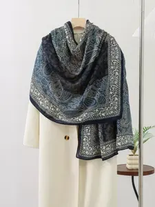 1pc Boho Paisley Shawl Scarf, Vintage Blue Print Bohemian Pattern Women's Wrap, Lightweight Breathable Windproof, Evening Wear, Commuting Layering, Elegant Collar Design