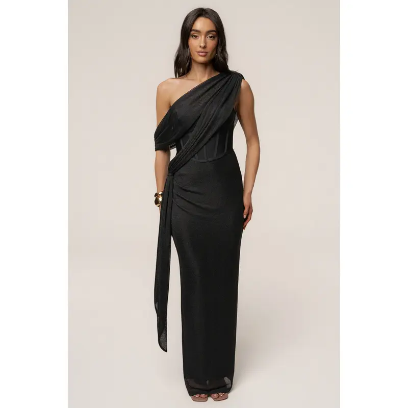 loragal black dress Round Neck Lace See-Through Long Sleeve Slim Fit Party Maxi Dresses-Black Black-S