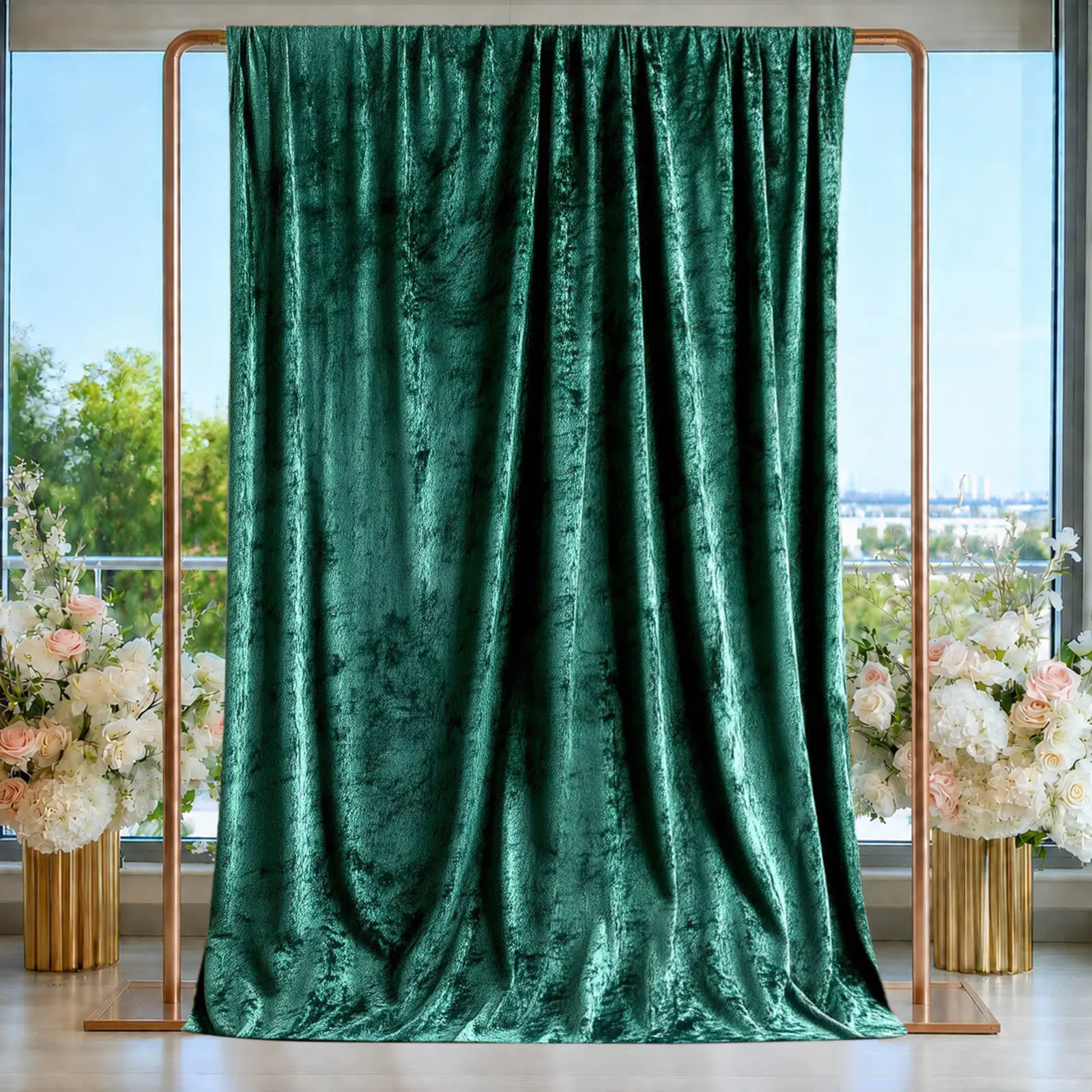 Crushed Velvet Backdrop Curtain - Hunter Emerald Green 5ft x 14ft Event Drape with Rod Pocket, Privacy Panel for Photo Booths, Wedding Arch Backdrops, Wedding Arch Backdrop