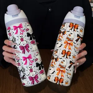32oz Ghost Bowknot Dual-Drink Sports Water Bottle Tumbler, Stainless Steel Vacuum Insulated, Large Fruit Cup, Perfect Gift for Women