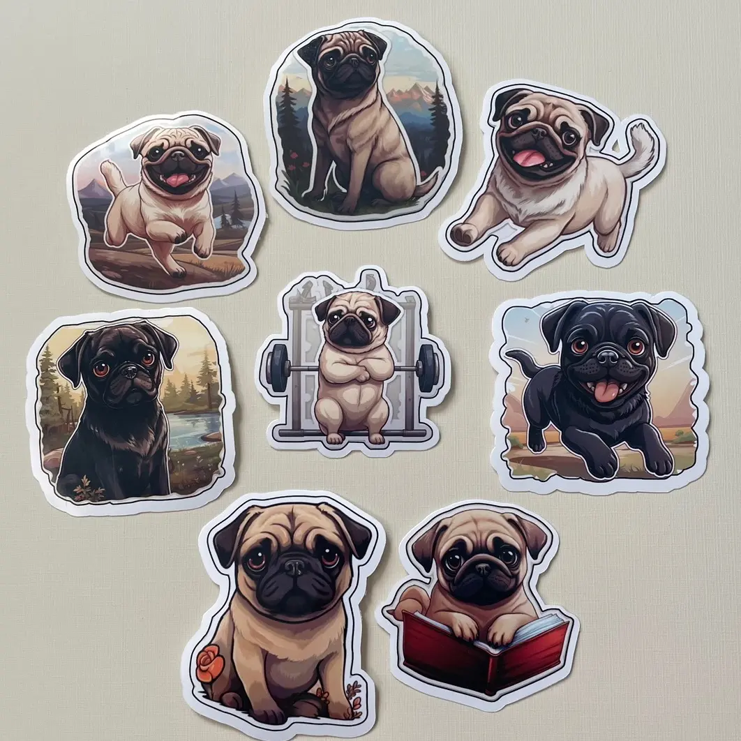 Cute Pug Vinyl Stickers - Set of 8 | Perfect for Planners, Journals, Laptops, Water bottles | For Kids, Students, Animal lovers Flat Window