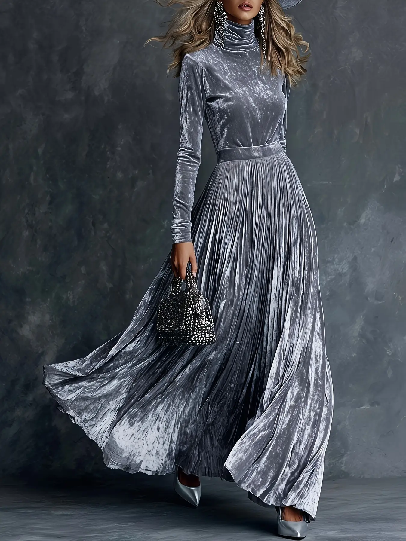 Elegant Feminine Lady Silver Color Velvet High Neck Pleated Long Dress, Long Sleeve Fitted Body-Hugging Waist Cinch, Perfect for Formal Evening Parties, Womenswear