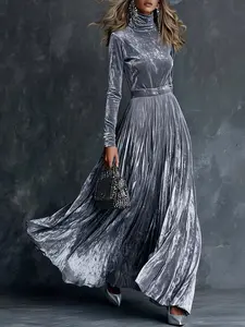 Elegant Feminine Lady Silver Color Velvet High Neck Pleated Long Dress, Long Sleeve Fitted Body-Hugging Waist Cinch, Perfect for Formal Evening Parties, Womenswear