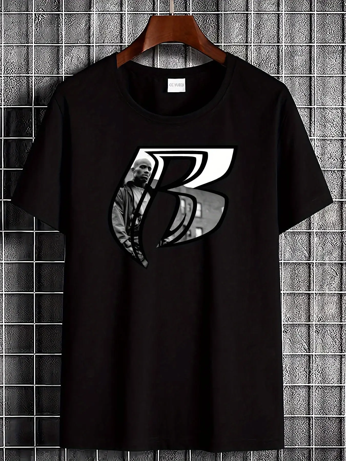 7.5oz Unisex Dmx Ruff Pattern Oversize T-Shirt, Bold R Letter & Dmx Logo Print, Soft Breathable Fabric, Casual Fashion Long Sleeve Top, All-Season Streetwear