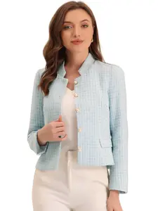 INSPIRE CHIC Plaid Tweed Long Sleeve Button Down Elegant Short Blazer Jacket