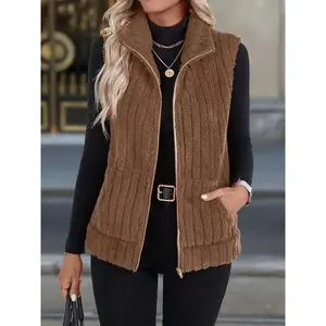 Casual Solid Color Double-Sided Plush Vest with Zipper and Pockets for Women | Fall/Winter, Lapel Collar, Plush Jacket