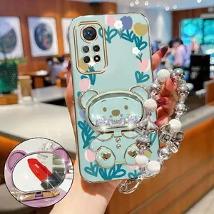 Pearl Strap Lanyard Tulip Garden Cute Bear Plating Phone Holder Case with Durable Protector For Compatible with Xiaomi Redmi Note 12 Pro 4G