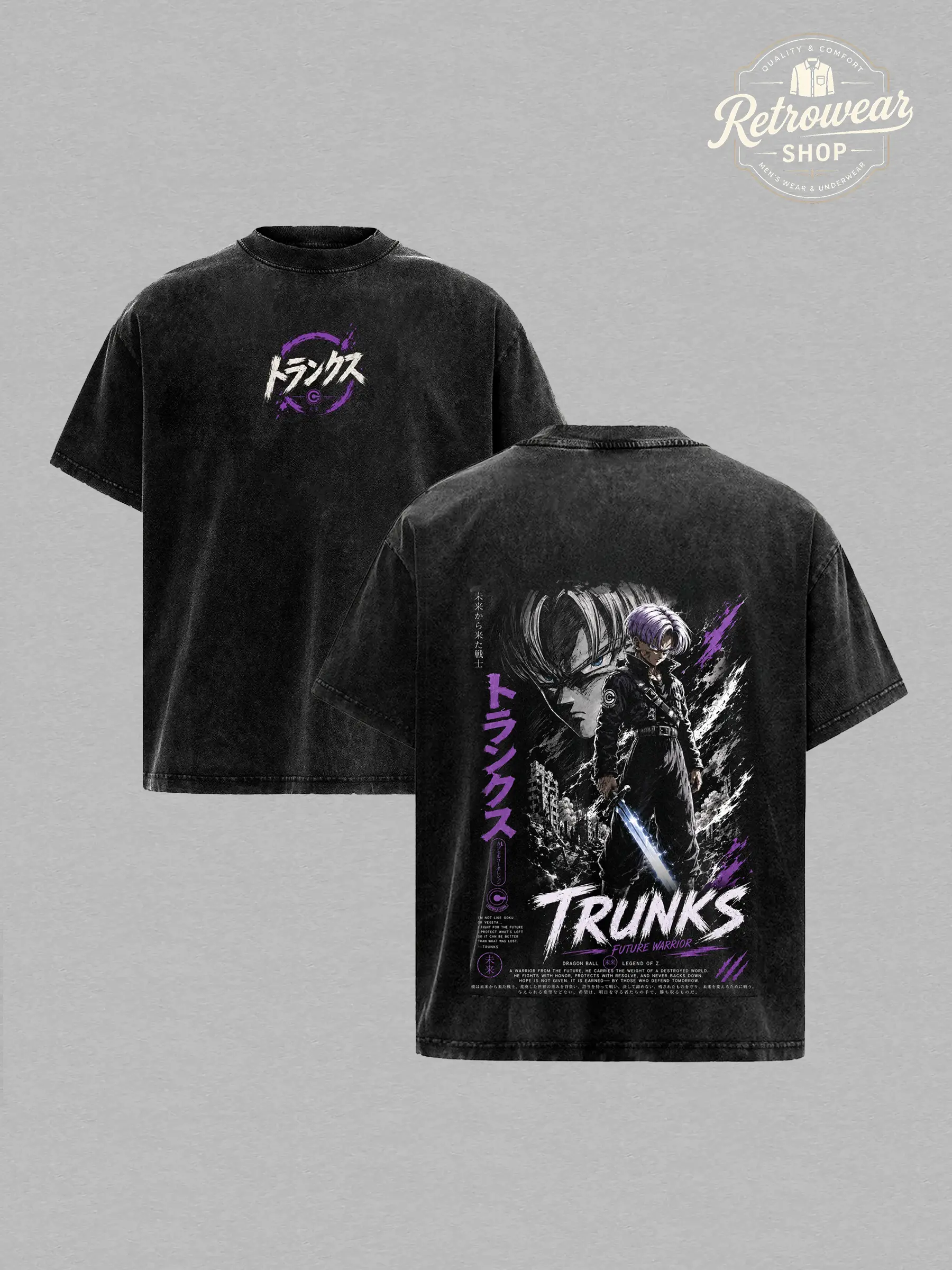 Men's Unisex Cotton Distressed "Trunks" T-Shirt - Future Trunks Capsule Corp Graphic, Back Print, 90s Vintage Anime Tee, Trendy Menswear Merch, Tshirt