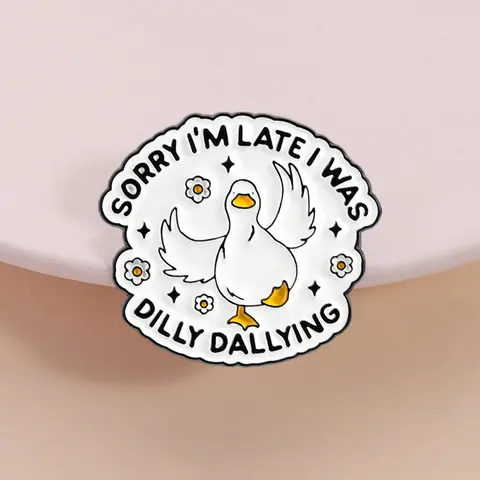 Adorable Cute Duck Theme Enamel Pin, Sorry Im Late Funny Quote, Winged Duck Flower Design Brooch, Perfect for Clothing Backpacks, Fashion Accessory