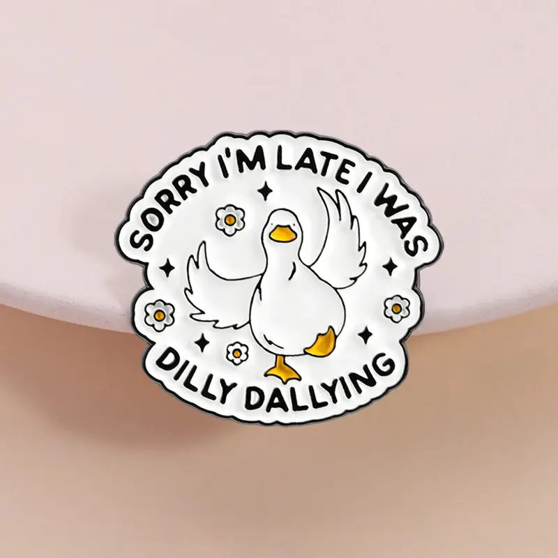 Adorable Cute Duck Theme Enamel Pin, Sorry Im Late Funny Quote, Winged Duck Flower Design Brooch, Perfect for Clothing Backpacks, Fashion Accessory
