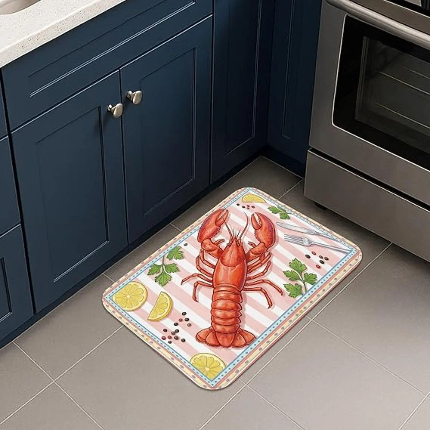 Indoor Kitchen Flannel Doormat, Classic Red Lobster Lemon Seafood Themed, Pink-White Striped Fabric, Multi-Size, Easy Washing