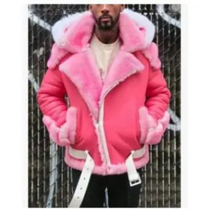 Winter Pu Thickened Men's Velvet MotorcycleImitation Artificial Hot Zipper ethnic pattern half zipplain pocket Hooded Street Polyester red leatherCoat Fleece Hooded Winter Stripe Long SleeveRugby Shirt casual jacket meme Pink lightweight men