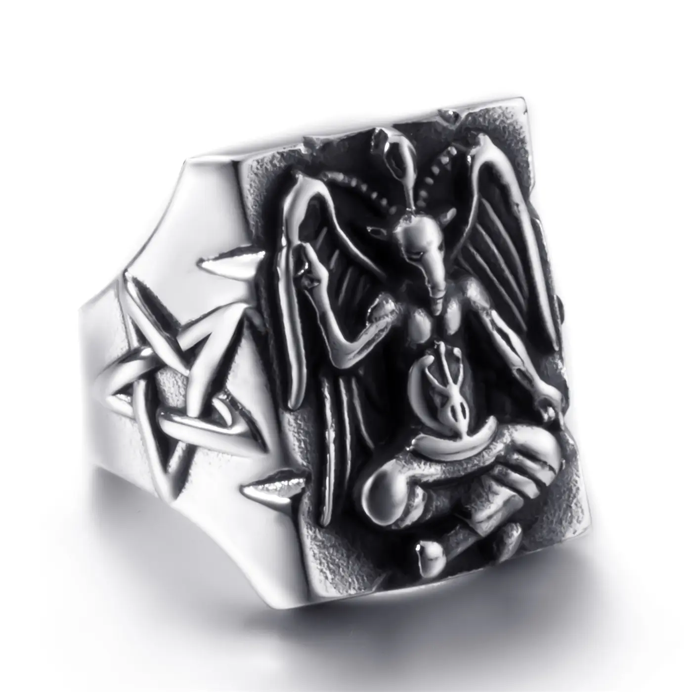 Satanic Baphomet Goat Ring Stainless Steel Demon Devil Leviathan Cross Pentagram Symbol Vintage Jewelry Size 8-13