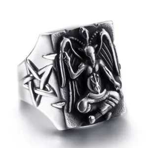 Satanic Baphomet Goat Ring Stainless Steel Demon Devil Leviathan Cross Pentagram Symbol Vintage Jewelry Size 8-13