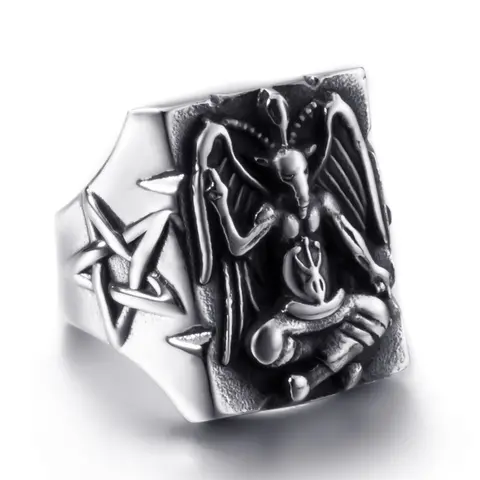 Vintage 316L Stainless Steel Baphomet Goat Ring - Unisex Nontraditional Style Fashion Ring, Gothic Band with Pentagram, Cross, Leviathan Cross, Size 8-13 Dark Gothic Costume Jewelry for Daily & Party Wear, Fashion Rings, Gothic Ring