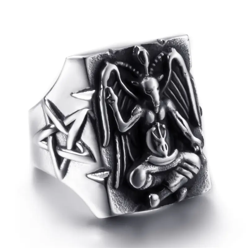 Vintage 316L Stainless Steel Baphomet Goat Ring - Unisex Nontraditional Style Fashion Ring, Gothic Band with Pentagram, Cross, Leviathan Cross, Size 8-13 Dark Gothic Costume Jewelry for Daily & Party Wear, Fashion Rings, Gothic Ring