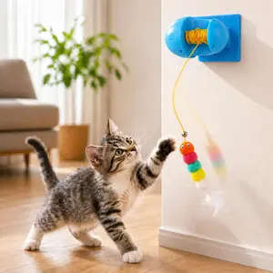 Automatic Moving Cat Toy with 3 Adjustable Modes, Wall Mounted Interactive Cat Teaser with Rewind Rope and USB Rechargeable Feather Toy