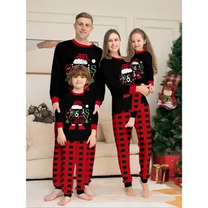 ChristmasFamilyMatchingFour-PieceSet,CartoonHatLetterPrintTopStripedPants,CasualFittedHomeSleepwear