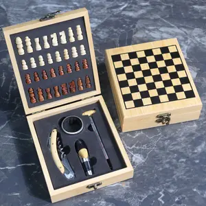 Premium Bamboo Box Wine Opener Set with Chess - Top-Quality Stainless Steel Opener & Complete Chess Set - Elegant Gift for Wine Lovers & Chess Enthusiasts - Utensils