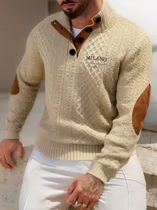 Men's Winter Knit Button Front Stand Collar Sweater, Vintage Texture Plaid Letter Print Shirt, Casual Outdoor Wear for Cold Weather