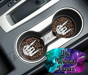 Cute Car Coasters Set of 2 Rock On Skeleton Hands Leopard Print Cute Car Truck Accessories Decor Cup Holder New Car Gift Car Decoration Women