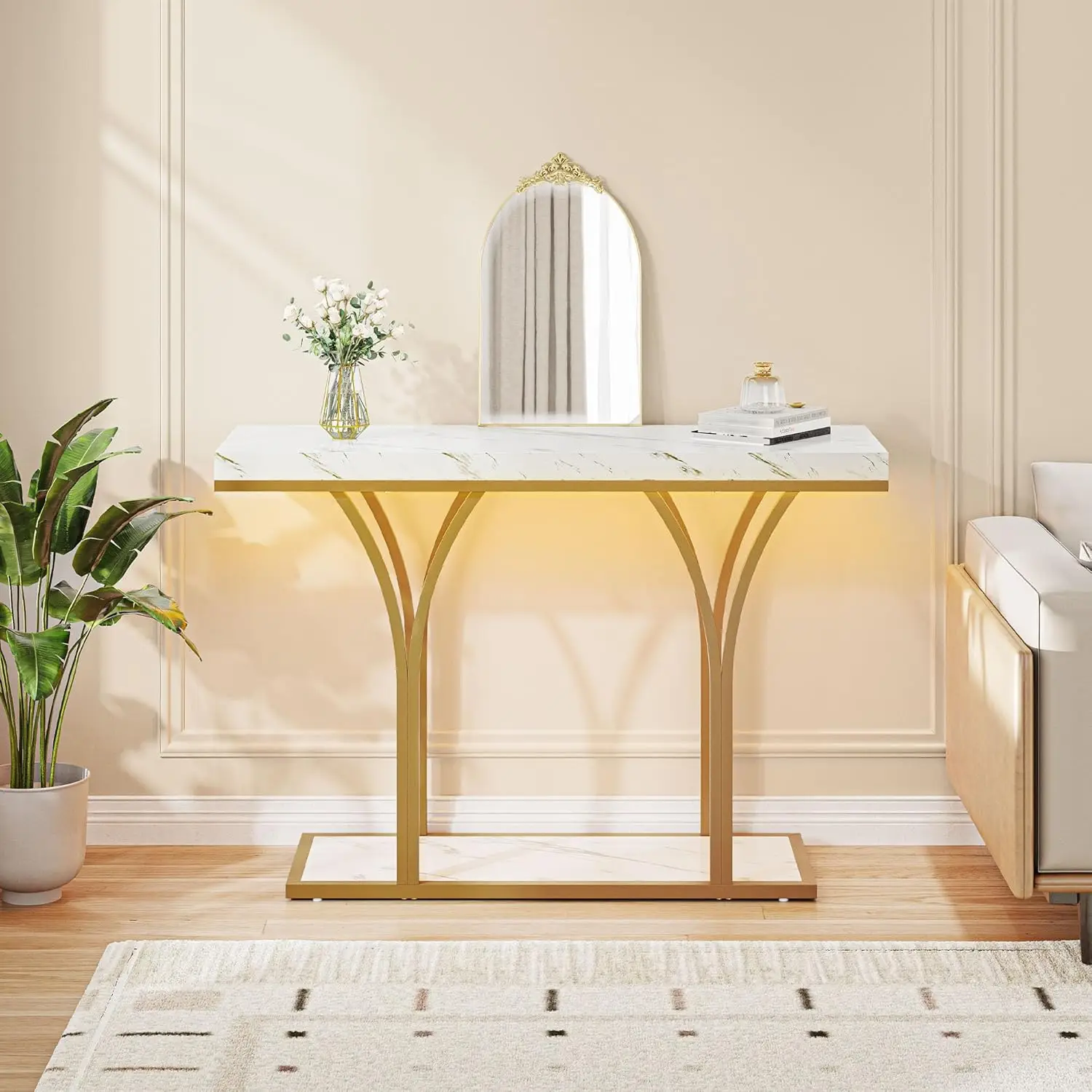 Yitahome LED Gold Console Table, Modern Sofa Table for Living Room, Hallway, White and Gold Entryway Table, with Faux Marble Top Luxury