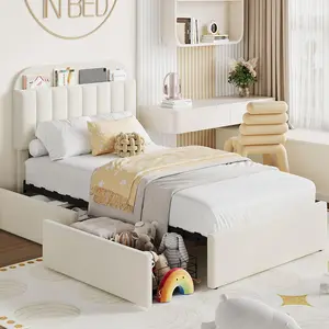 Twin Size Bed Frame with 2 Flexible Drawers,Boucle Upholstered Platform Bed Frame with Bookcase Headboard,Bedframe for Kids/Girls,Easy Assembly,No Box Spring Needed,Noise Free,Beige