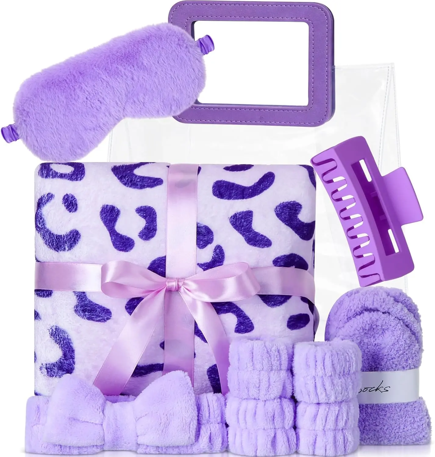 10 Pcs Purple Gifts for Women Lavender Spa Gift Set Self Care Gift Basket with Cozy Flannel Leopard Blanket for Teacher Mom, Wife, Girlfriend Birthday Relaxation