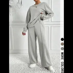 Women's Solid Color Drop Shoulder Sweatshirt & Elastic Waist Pants Two-piece Set, Casual Fashion Cozy Breathable Two Piece Outfits for Daily Outdoor Wear, Women Clothes for Spring & Fall, Womenswear