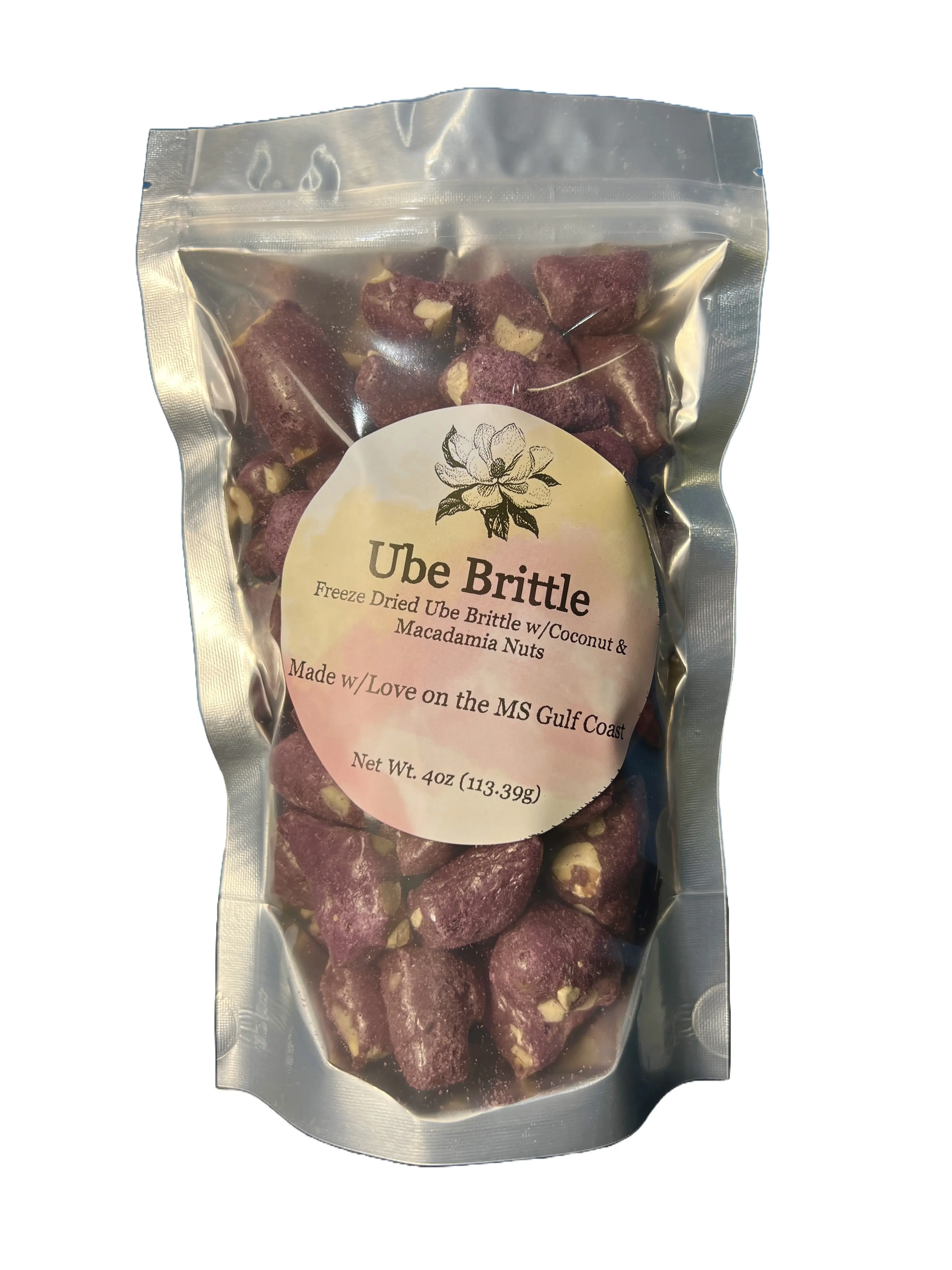 Mary's Freeze Dried Ube Brittle with Coconut & Macadamia Nuts 4oz Bag Luxurious Tropical Asian Filipino Hawaiian Crunch Snack