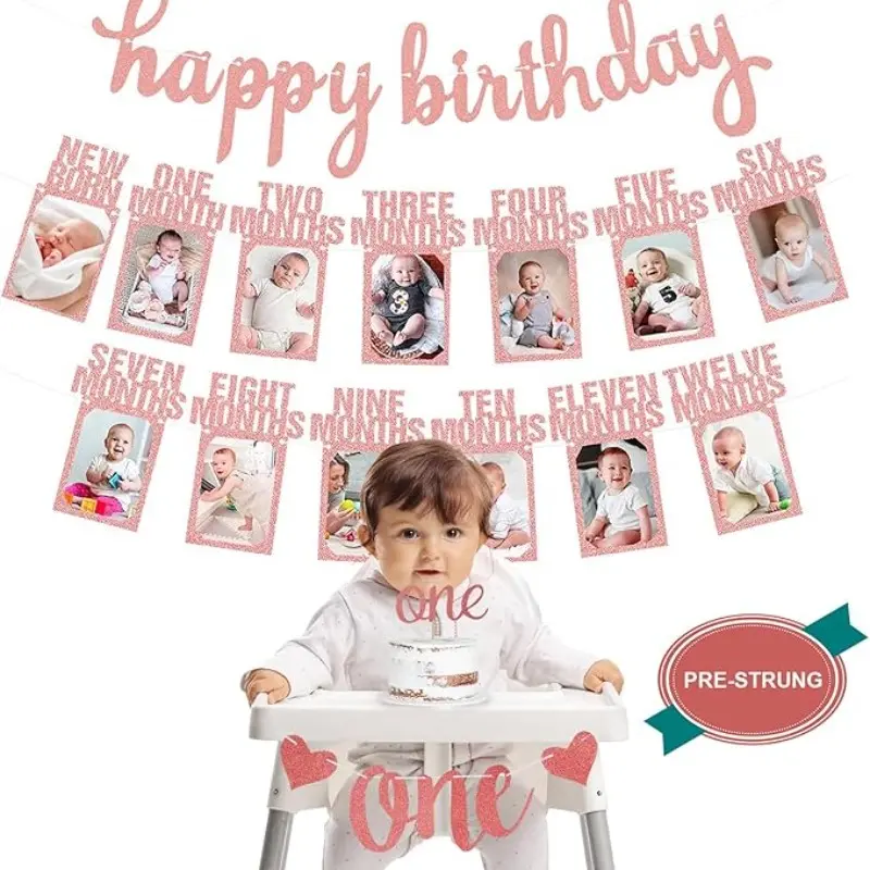 1st Birthday Baby Photo Banner, 17pcs First Birthday Decorations, Rose Gold Garland Bunting, Includes One Cake Topper, for Girls Aged 0-12 Months, Happy Birthday Banner, Home Party Decorations, Party Banners