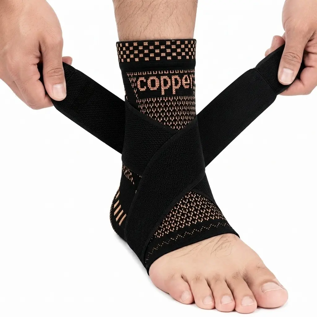 Adjustable Ankle Brace with Compression Sleeve and Stabilizing Strap - Prevents Sprains, Supports Recovery for Running, Basketball, Everyday Protection copper ion plantar fasciitis sport