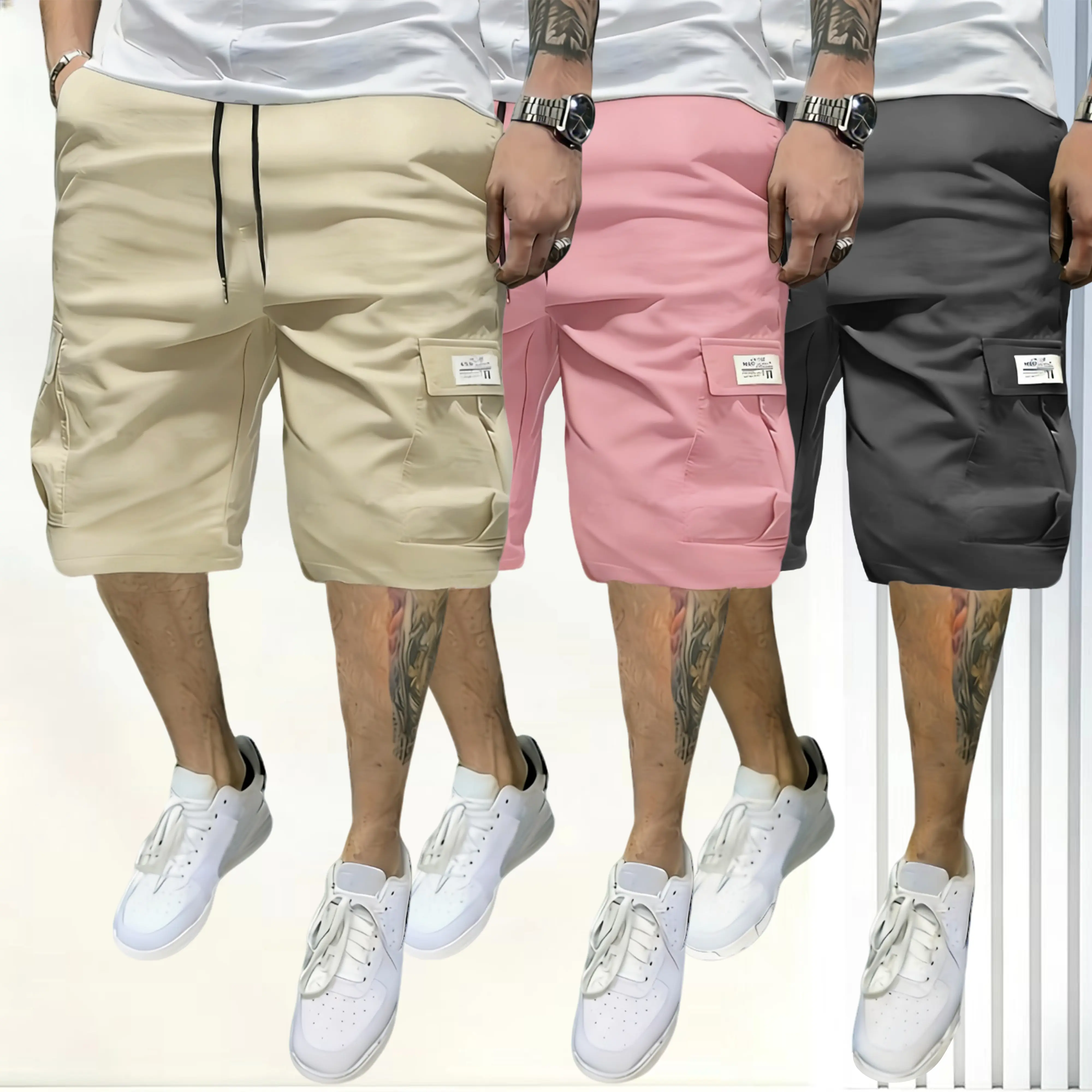 Men’s 3-Pack Cargo Shorts - Elastic Waist, Soft Breathable, Loose Fit Knee-Length Men’s Bottoms with Side Pockets, Athleisure Casual Menswear for Outdoor Running & Fitness, Elastic Waist Shorts, Side Pocket Shorts