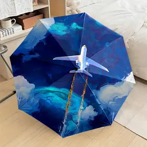 1PC Creative Fashion Folding Umbrella with Airplane Flying in Blue Sky Pattern, Suitable as a Birthday Gift, Valentine's Day Gift, for Various Holidays, Travel, and Gifting