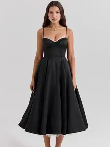 LYD Women's Corset Spaghetti Strap Bustier Midi Dress - Vintage Basic Elegant Satin Flowy Pleated H