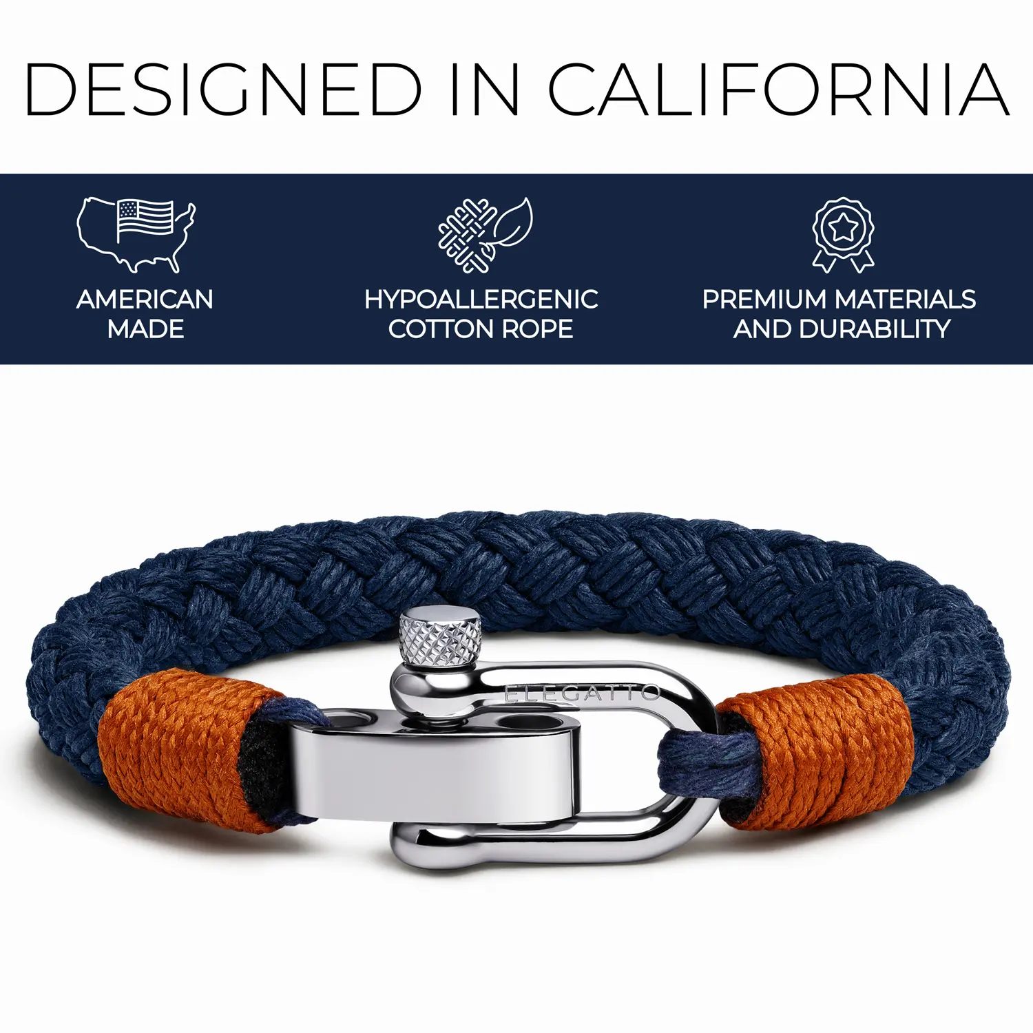 Elegatto Pelagus Premium Rope Bracelet for Men | Designed in California | Thick Cotton Rope with Stainless Steel Shackle Closure | Men’s Designer Bracelets