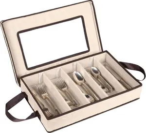 Flatware  Case - Durable 5 Compartment Silverware  Container Box with Removable Lid and Easy to Carry Handles - Large Capacity Keeps Your Cutlery Organized & Protected