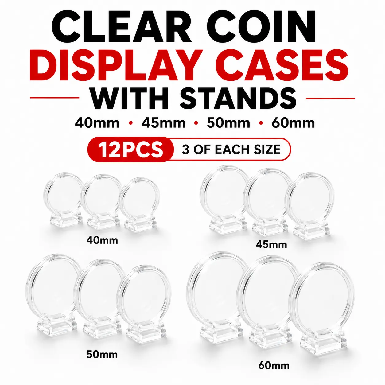 12-Pack Clear Acrylic Coin Display Cases with Stands, 40mm 45mm 50mm 60mm Coin Capsules for Challenge Coins, Commemorative Coins, Medals and Tokens