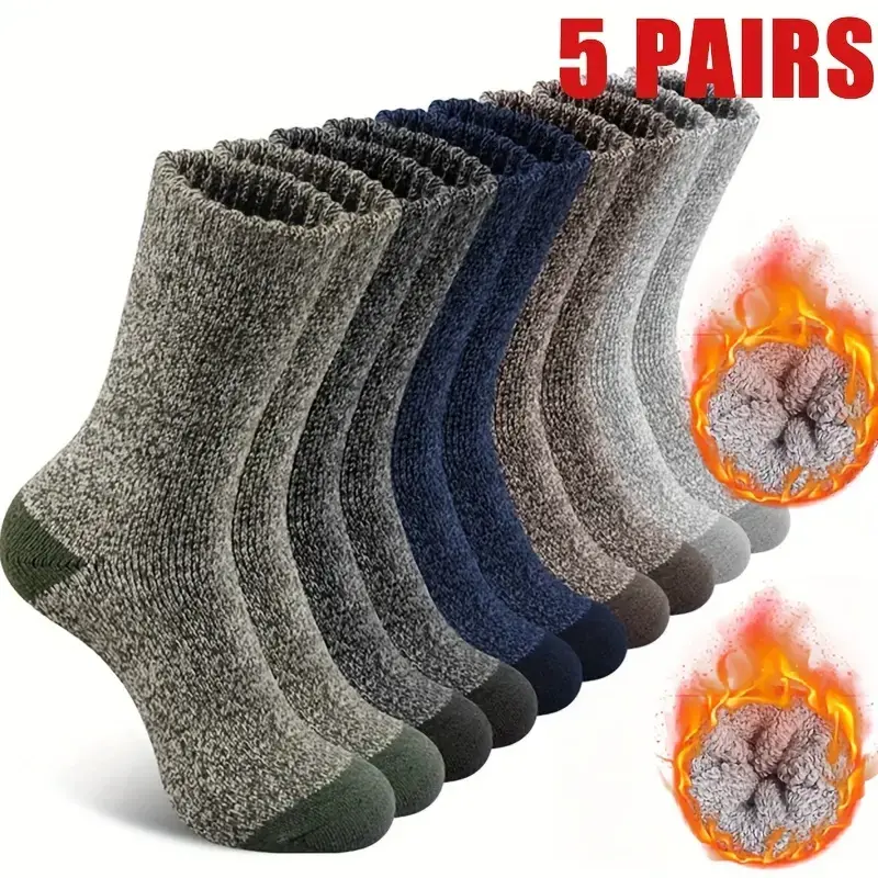 5 Pairs Men's Thermal Winter Socks - Cozy & Warm for Hiking, Fishing | Breathable Polyester Blend with Wool, Acrylic & Rayon | Ribbed Cuffs | Machine Washable, Warm Socks