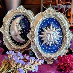 Man in the Moon & Sun Mini Silver Ornate Frames, Celestial, Whimsigoth, Home Decor, Altar, Vintage 90s Inspired, Witchy, Eclectic, Whimsical