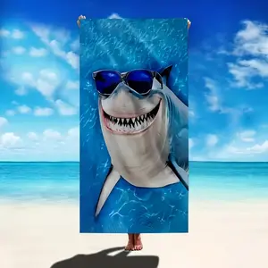 Modern Style - 1pc Beach Towel - Microfiber Knit Fabric - Cartoon Shark Pattern with Glasses - High Colorfastness - Machine Washable - for Swimmers and Beach Lovers